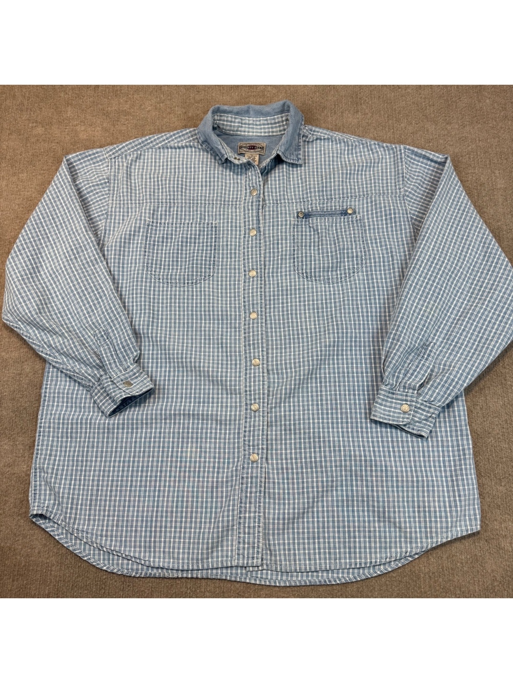 Vintage County Seat Jeanswear Denim Shirt Mens XL Blue Micro Plaid Snap Button